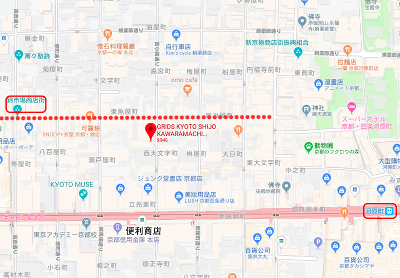 Grids Kyoto Shijo Kawaramachi Hotel&Hostel京都四條河原町格利茲青年旅舍map.jpg